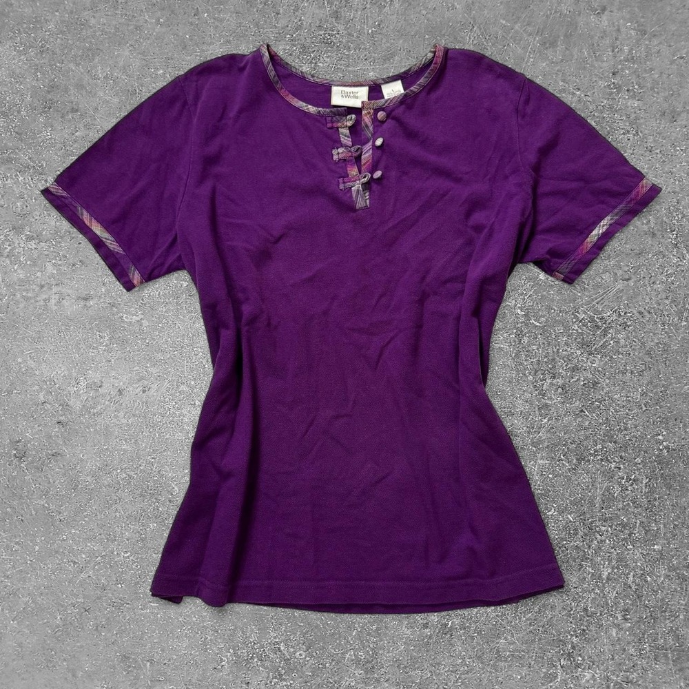 Baxter & Wells Purple Cotton Henley Top Plaid Trim Short Sleeve Womens Large